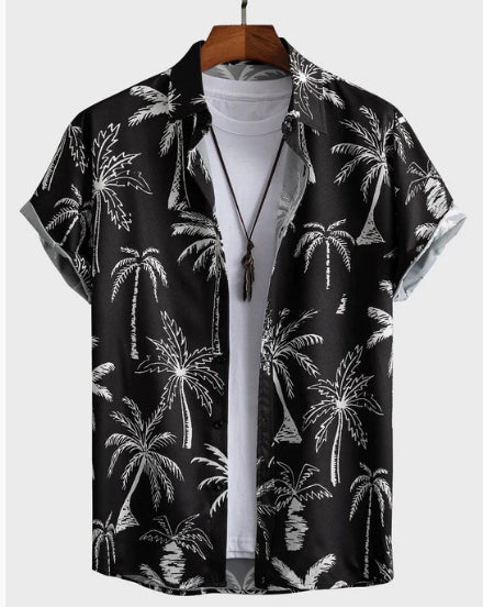 Men's Floral Short Sleeve Lapel Shirt - Cotton Polyester Blend - cas7m