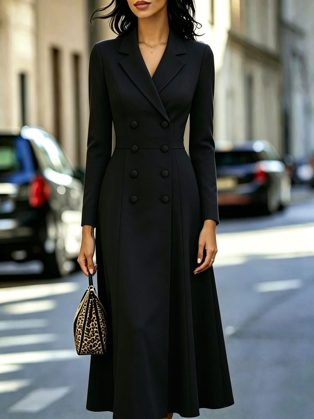 Elegant Double-breasted Tailored Long Dress With A Cinched Waist And A Flared Skirt - cas7m