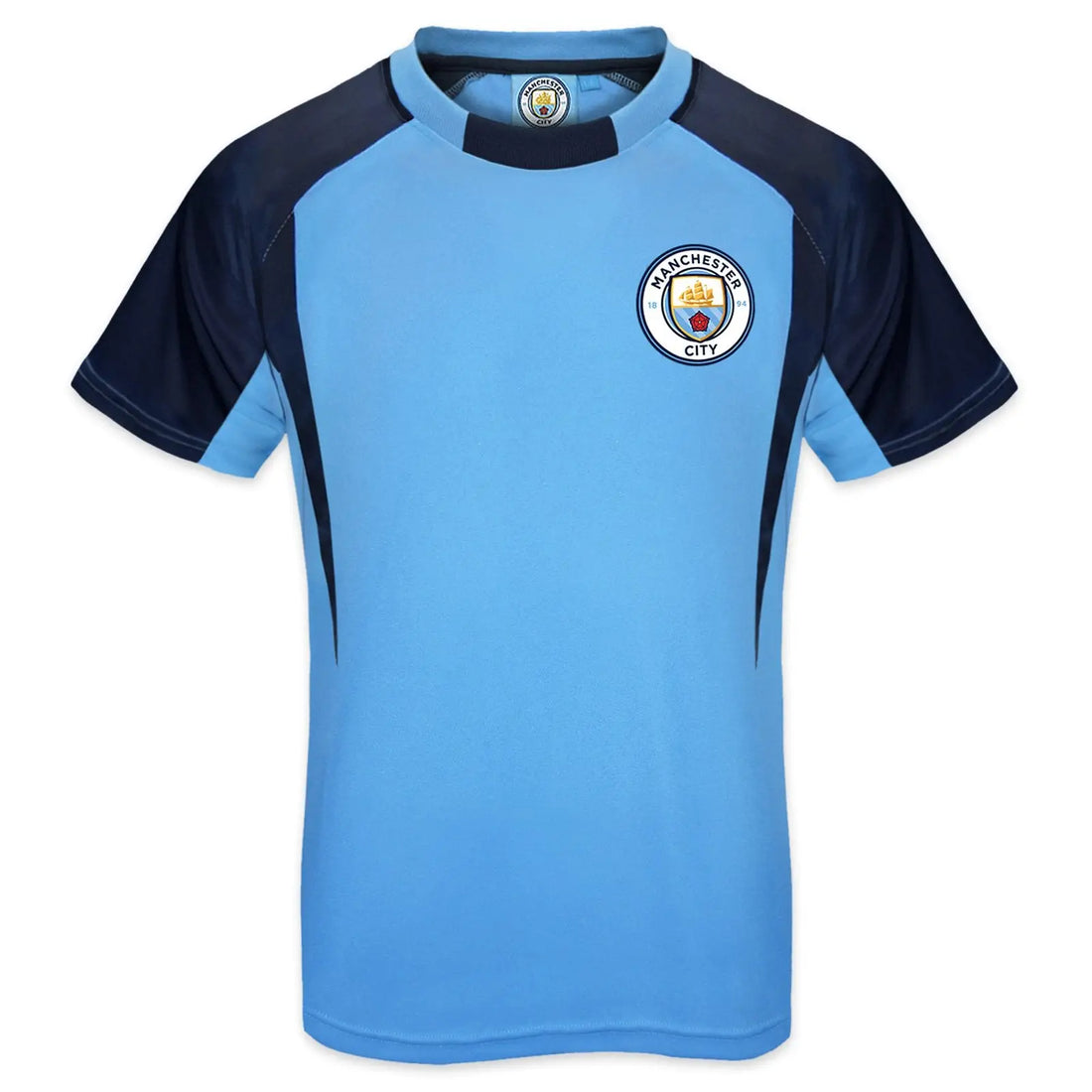 Blue and navy sports jersey with Manchester City logo on a white background