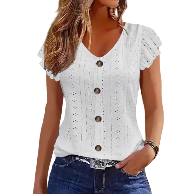 Solid Color Jacquard V-neck Buttons Long Sleeve T-shirt - cas7m