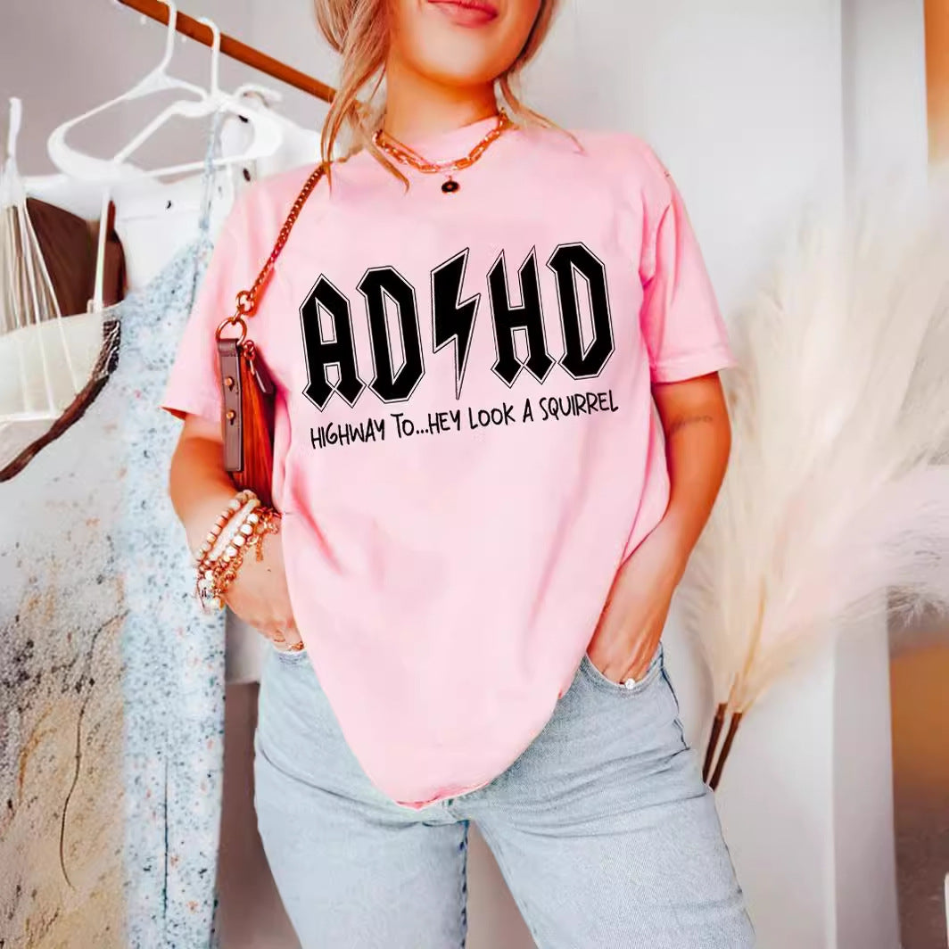 Letter Pattern Printed Women's Cotton T-shirt Short Sleeve - cas7m