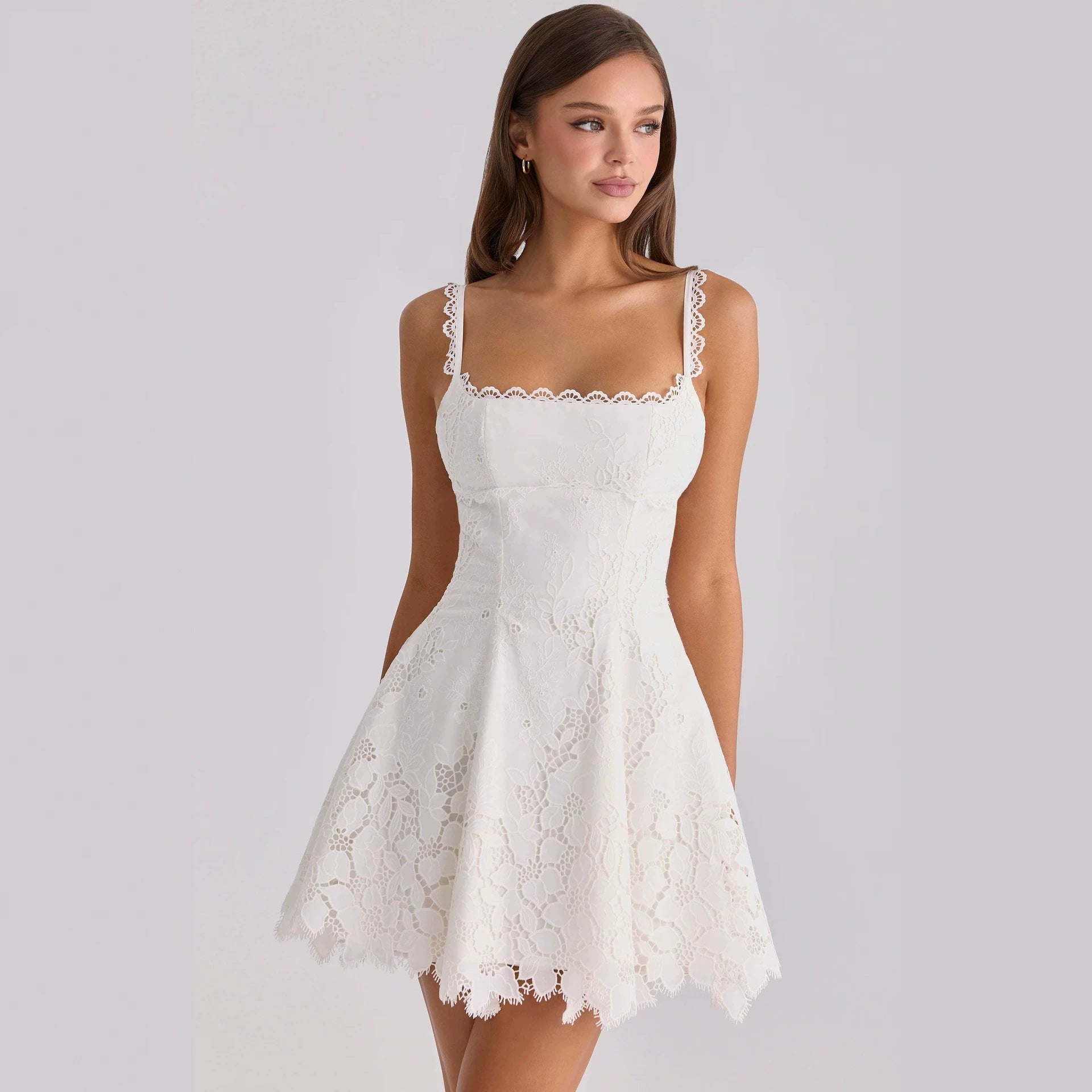 Lace-trimmed Sexy Backless Strap Mini Dress - cas7m