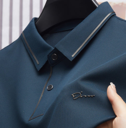 Ice Silk Short Sleeve T-shirt Men's Shirt Collar Summer Polo Shirt Loose Clothes Split - cas7m
