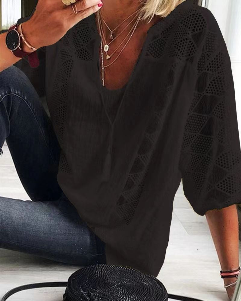Lace Stitching U-neck 3 4 Sleeve T-shirt - cas7m