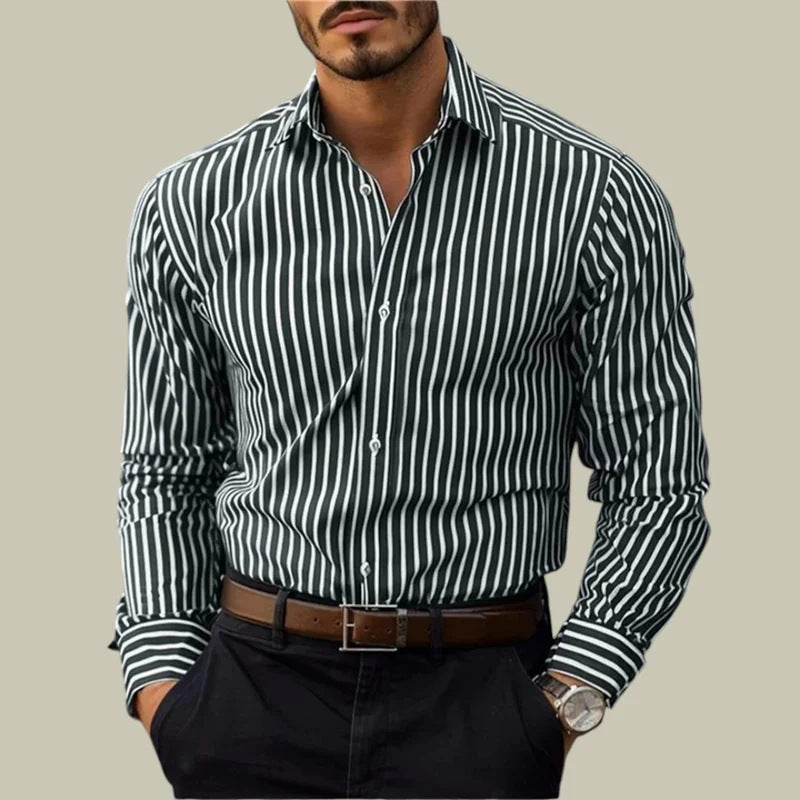 Ins Stripe Printed Long Sleeve Shirt Men Fashion Casual Lapel Button Top Clothing - cas7m
