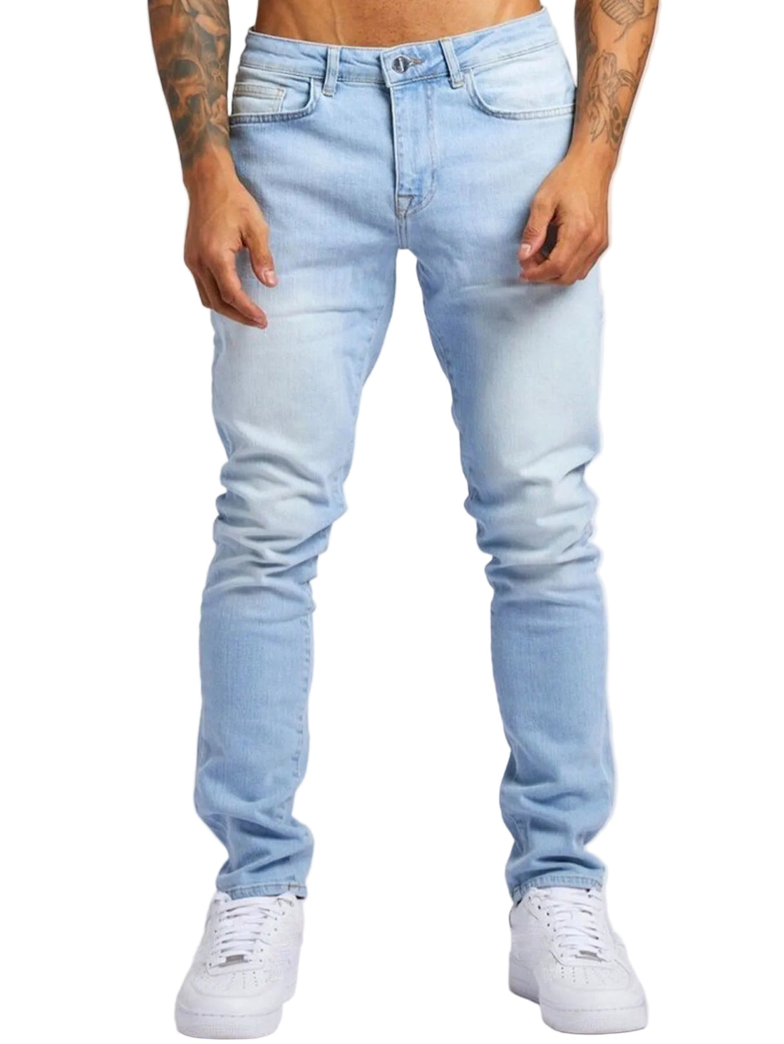 Light blue jeans worn by a person on a white background