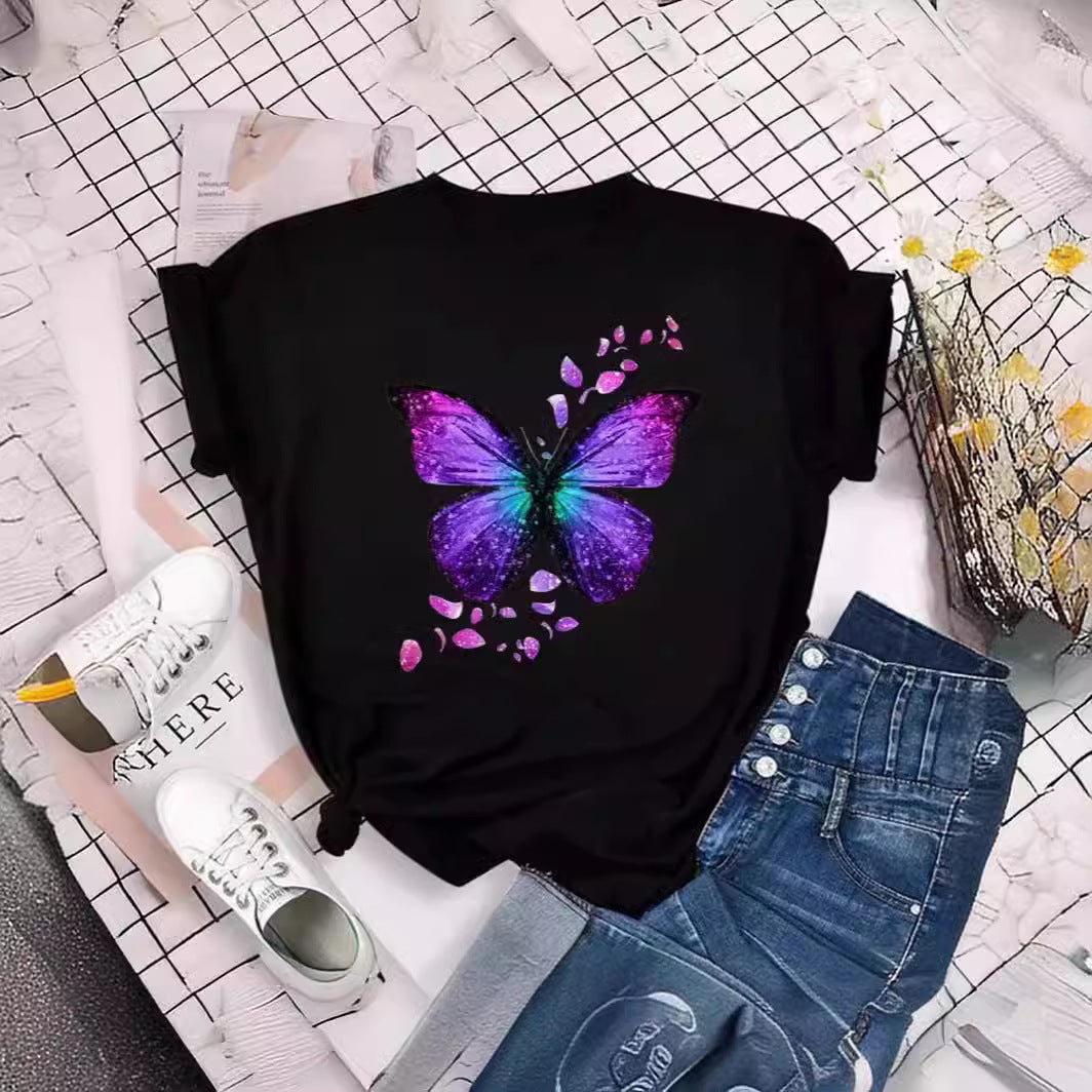 Colorized Butterfly Petal Printed T-shirt Short Sleeve Round Neck - cas7m