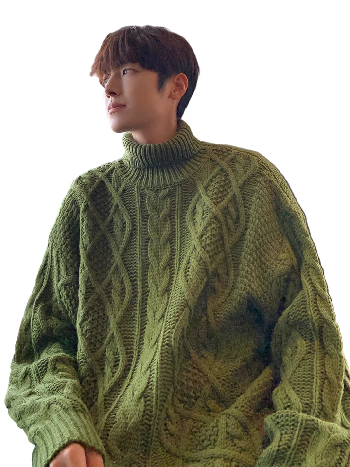 Japanese-style Retro Green Jacquard Turtleneck Sweater - cas7m