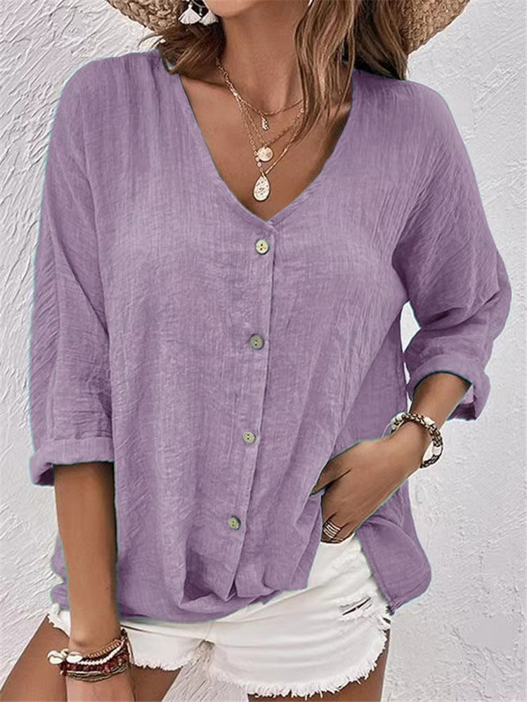 V-neck Long-sleeved T-shirt Fashion Solid Color Button Top Casual Loose Clothing For Women - cas7m