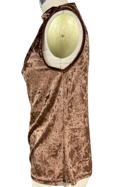Caramel Brown Velvet Slouchy Collar Sleeveless Top - cas7m