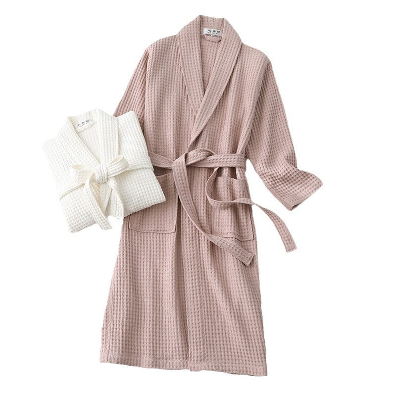 Pure Cotton Bathrobe Long Waffle All Cotton Nightgown - cas7m
