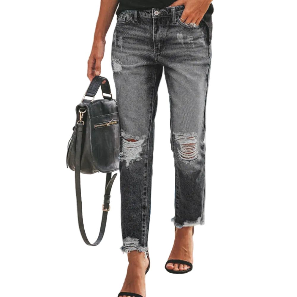 Women's Ripped Non-elastic Retro Fashion Jeans - cas7m