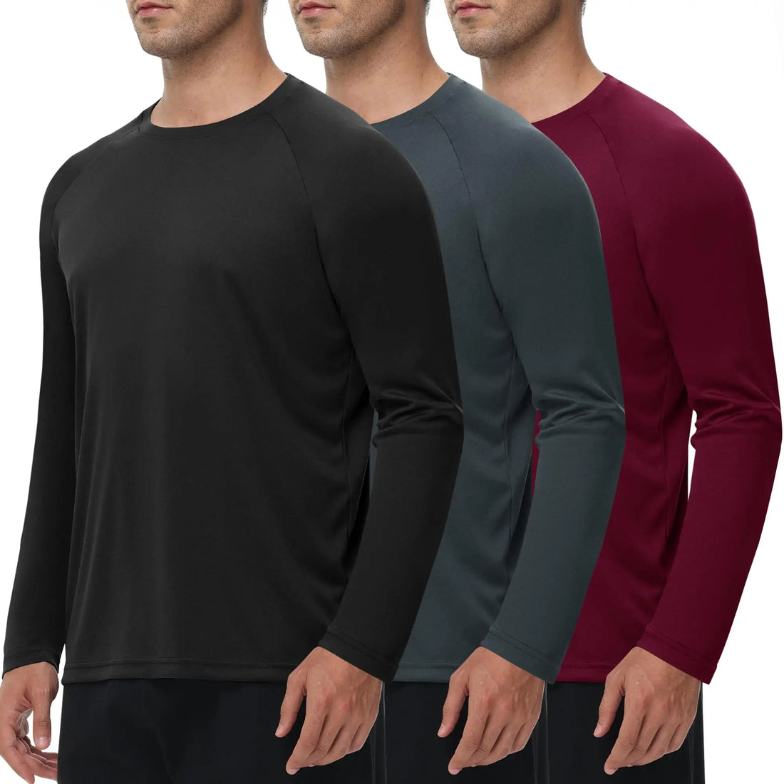 Three men wearing long-sleeve athletic crewneck shirts in black, dark gray, and burgundy, shown from the chin down against a white background.