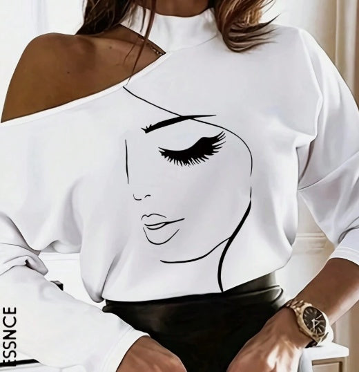 Women's White Long Sleeve T-Shirt With Cartoon Line Pattern & Open Shoulder Design Graphic Tees Women Tops For Spring Outfit - cas7m