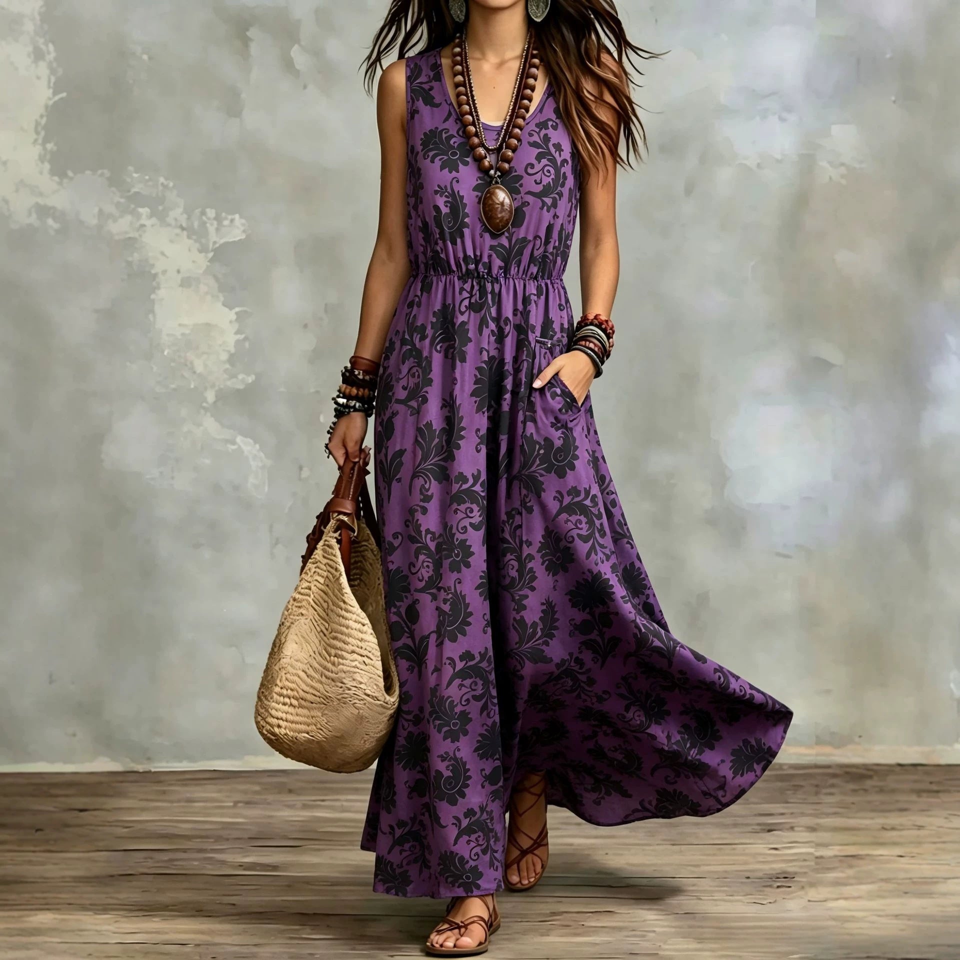 Elegant Sleeveless Printed Long Dress With Pockets - cas7m