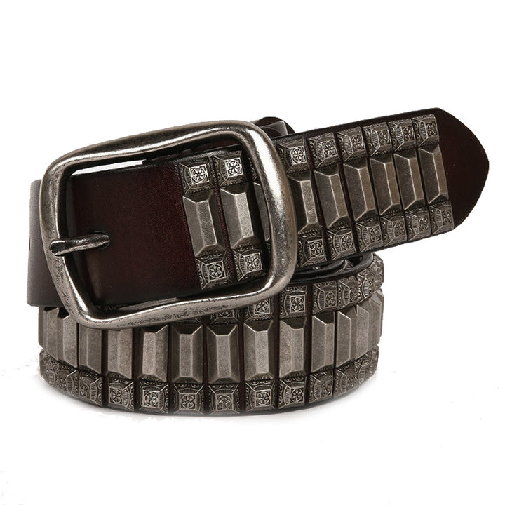 Pagoda Retro Belt Rivet Hip-Hop Top Layer Cowhide Unisex Belt For Men and Women - cas7m