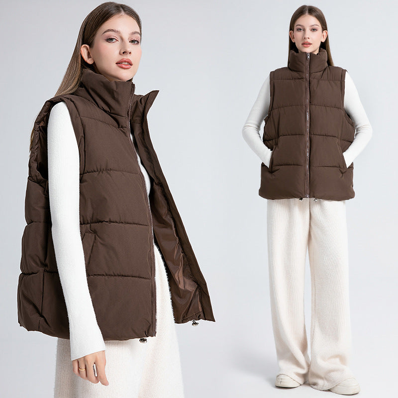 Women's Sleeveless Mid-length Stand-up Collar Thermal Down Cotton Thickened Vest - cas7m