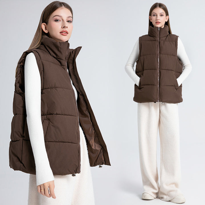 Women's Sleeveless Mid-length Stand-up Collar Thermal Down Cotton Thickened Vest - cas7m