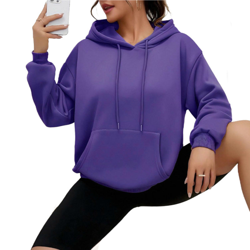 All-matching Loose Drawstring Pocket Sweatshirt Long Sleeve Women - cas7m