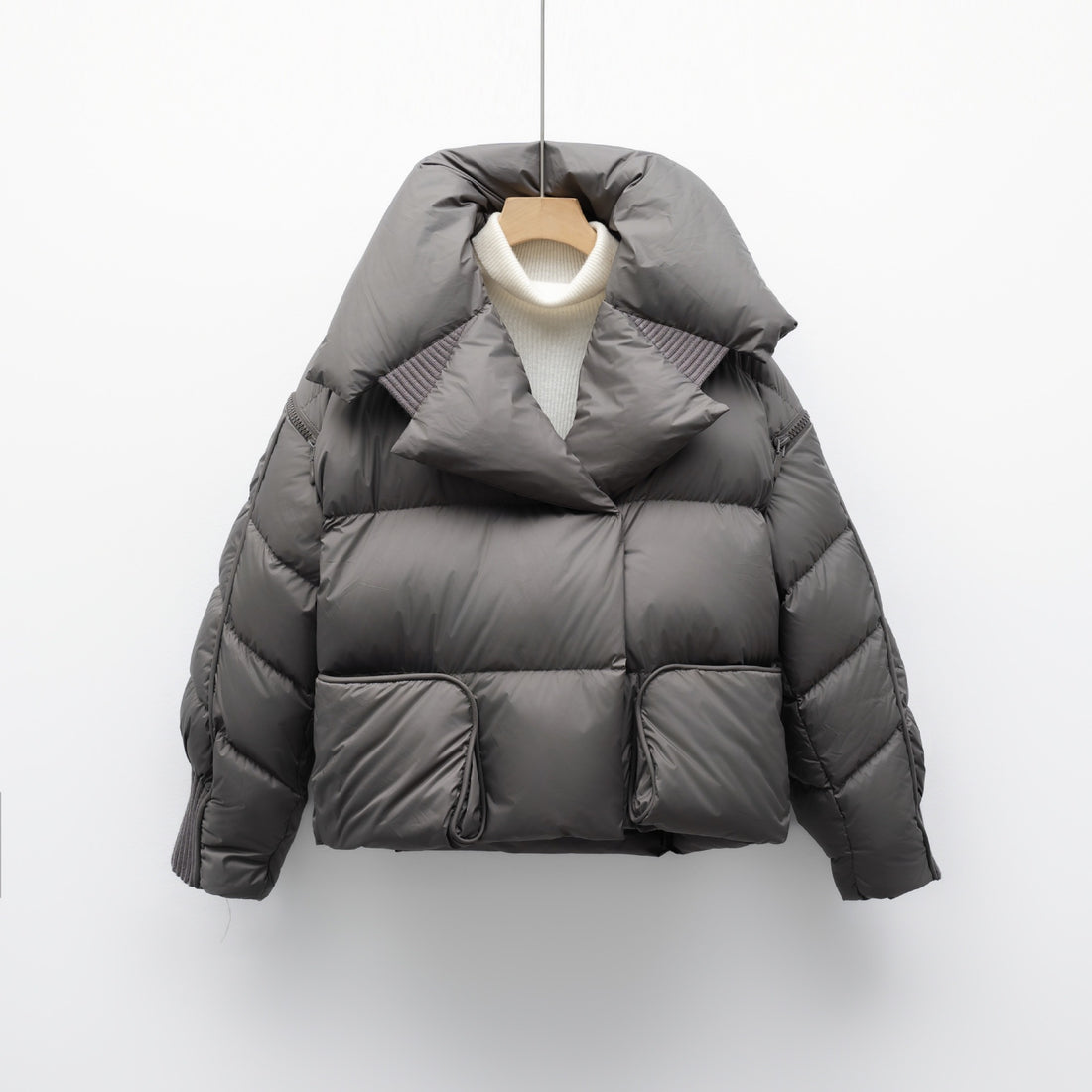 Korean-style Knitted Patchwork Large Lapel Short Down Jacket For Women - cas7m