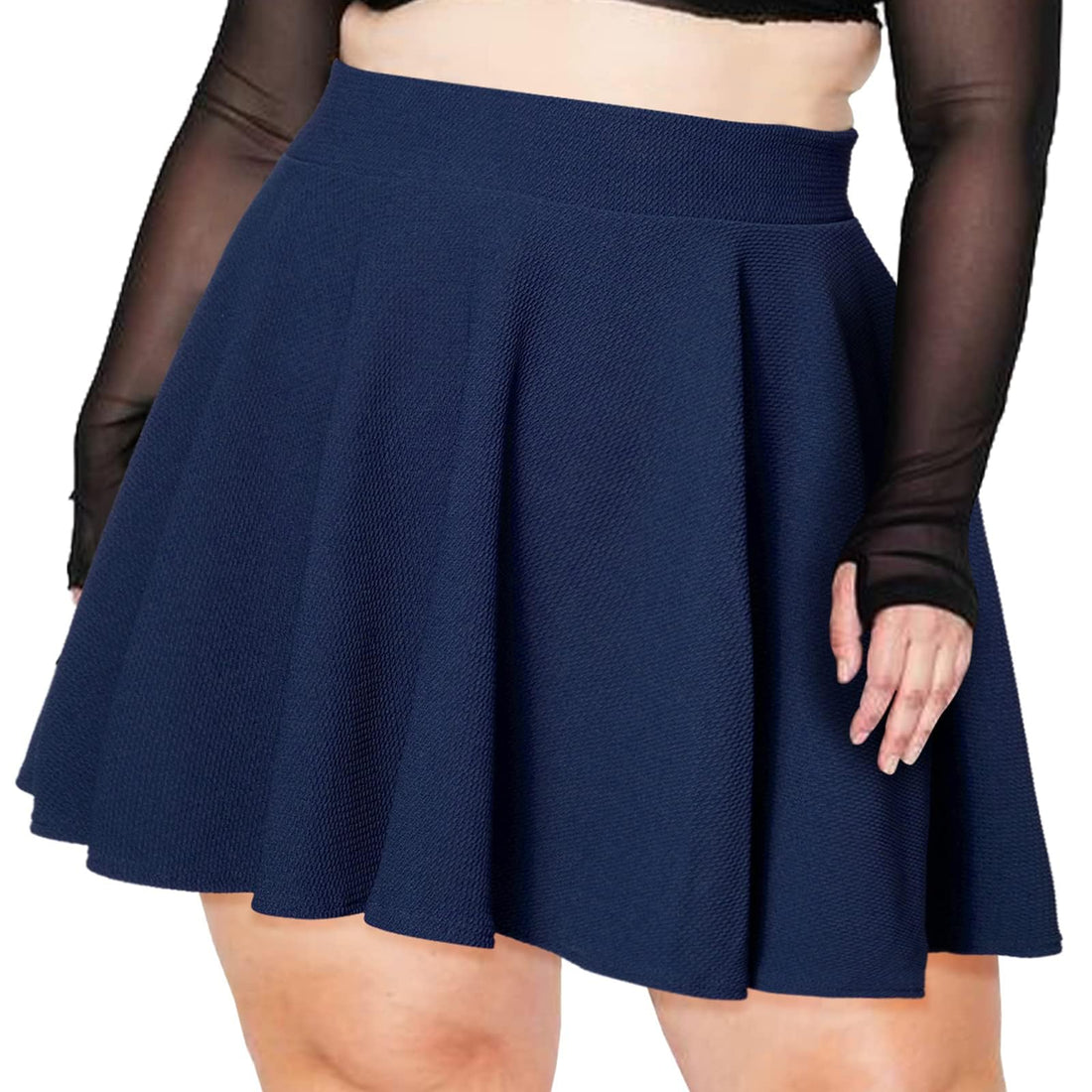 A navy blue pleated skater skirt worn by a model, paired with sheer black long-sleeve gloves, shown against a plain white background.