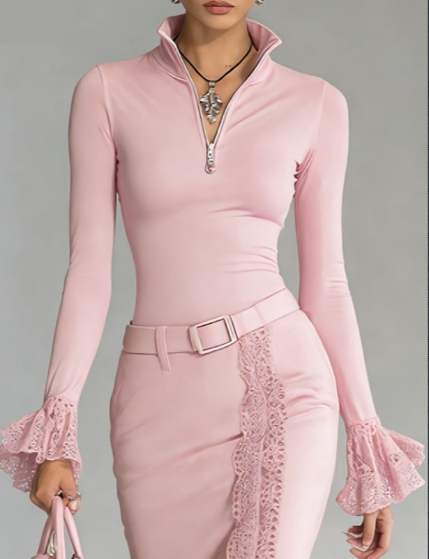 Lace-trimmed Stand-up Collar Zip-up Long-sleeved Top For Women - cas7m