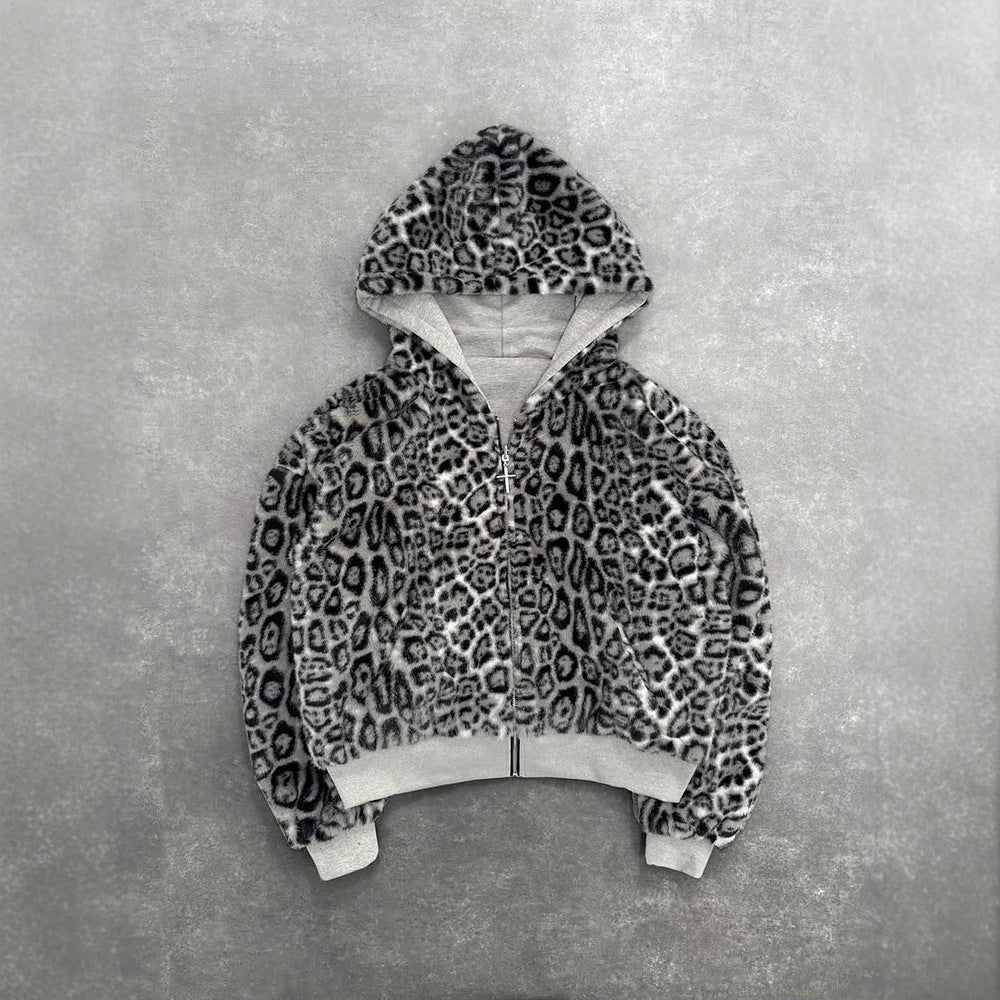 Hooded Hoodie Two Sides Can Wear Vintage Leopard Print Zipper Hoodie - cas7m