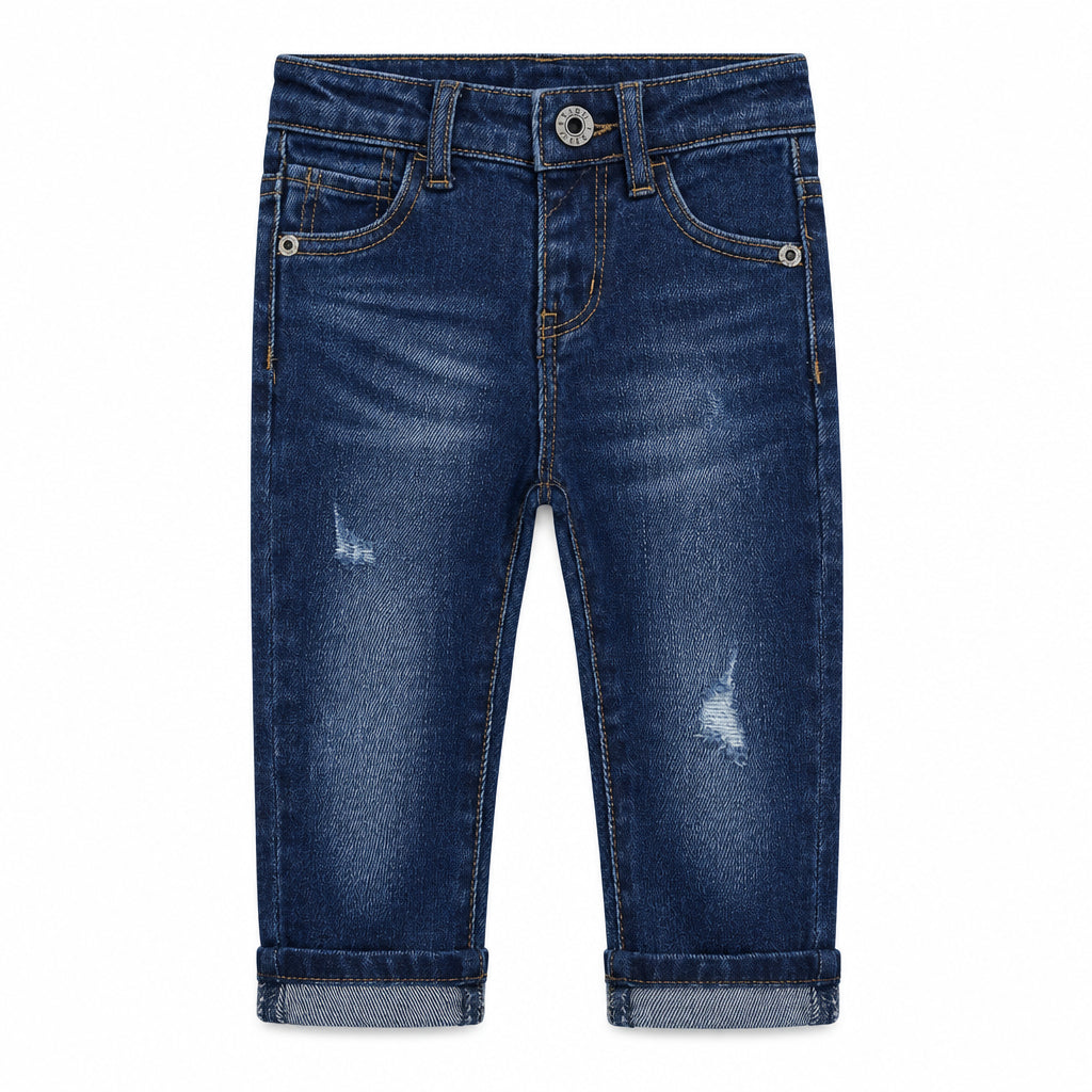A pair of dark blue denim jeans with a distressed wash and rolled cuffs, shown flat against a white background.