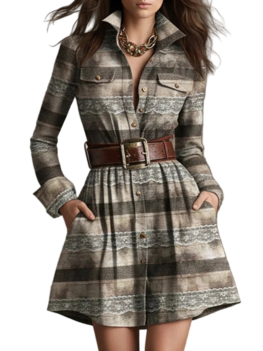 Plaid dress with a belt on a neutral background