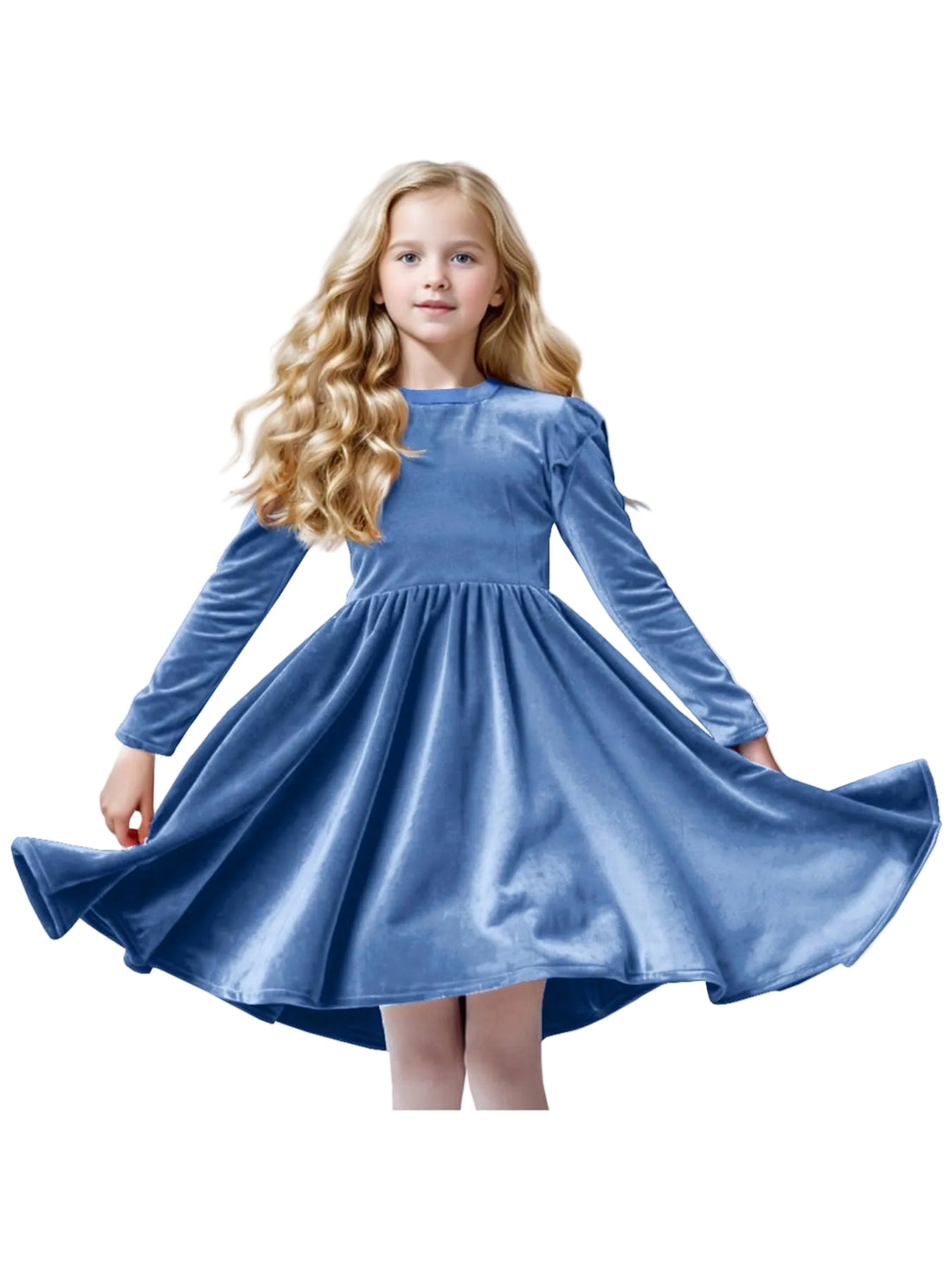 A young girl with long blonde wavy hair wearing a long-sleeved blue velvet dress, holding out her skirt to show its volume, against a solid white background.