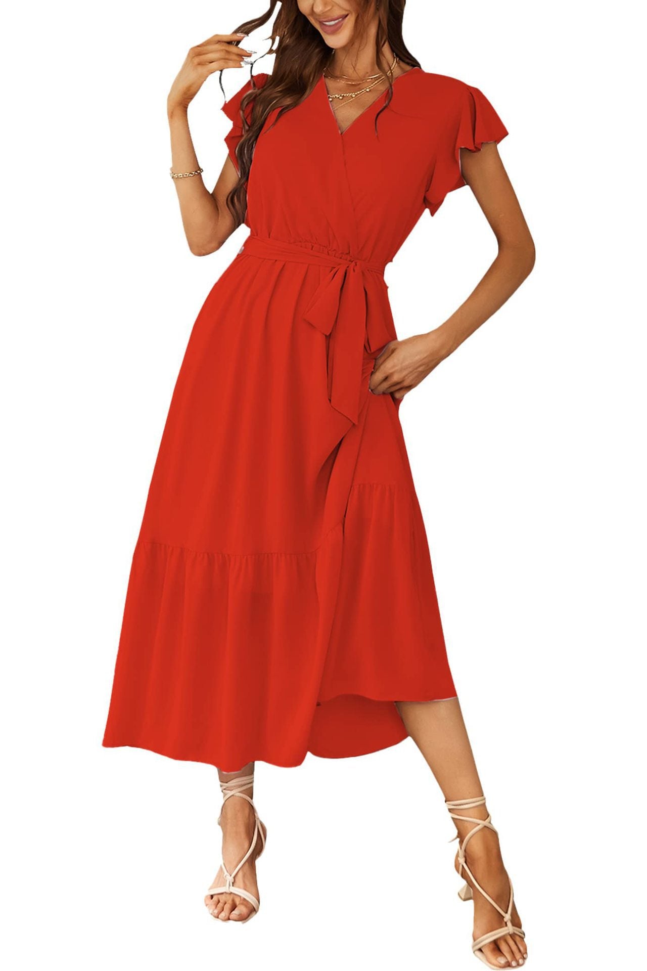 Womens Floral Print Flounce Short-Sleeve Midi Dress - cas7m