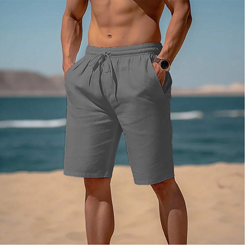Summer Drawstring Shorts Elastic Waist Straight Pants Beach Breathable Shorts For Men Clothing - cas7m