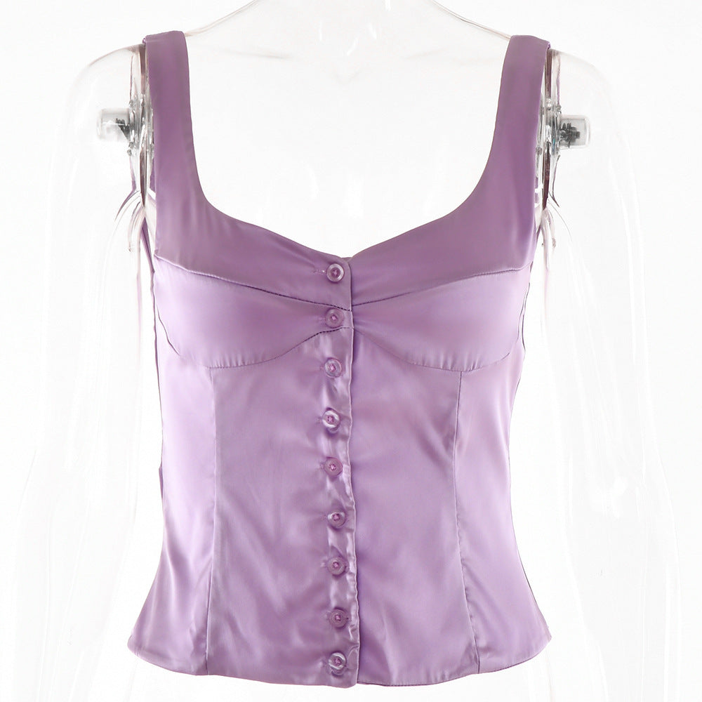Woman Square-neck Small Slip Top Button Backless Sleeveless Vest - cas7m