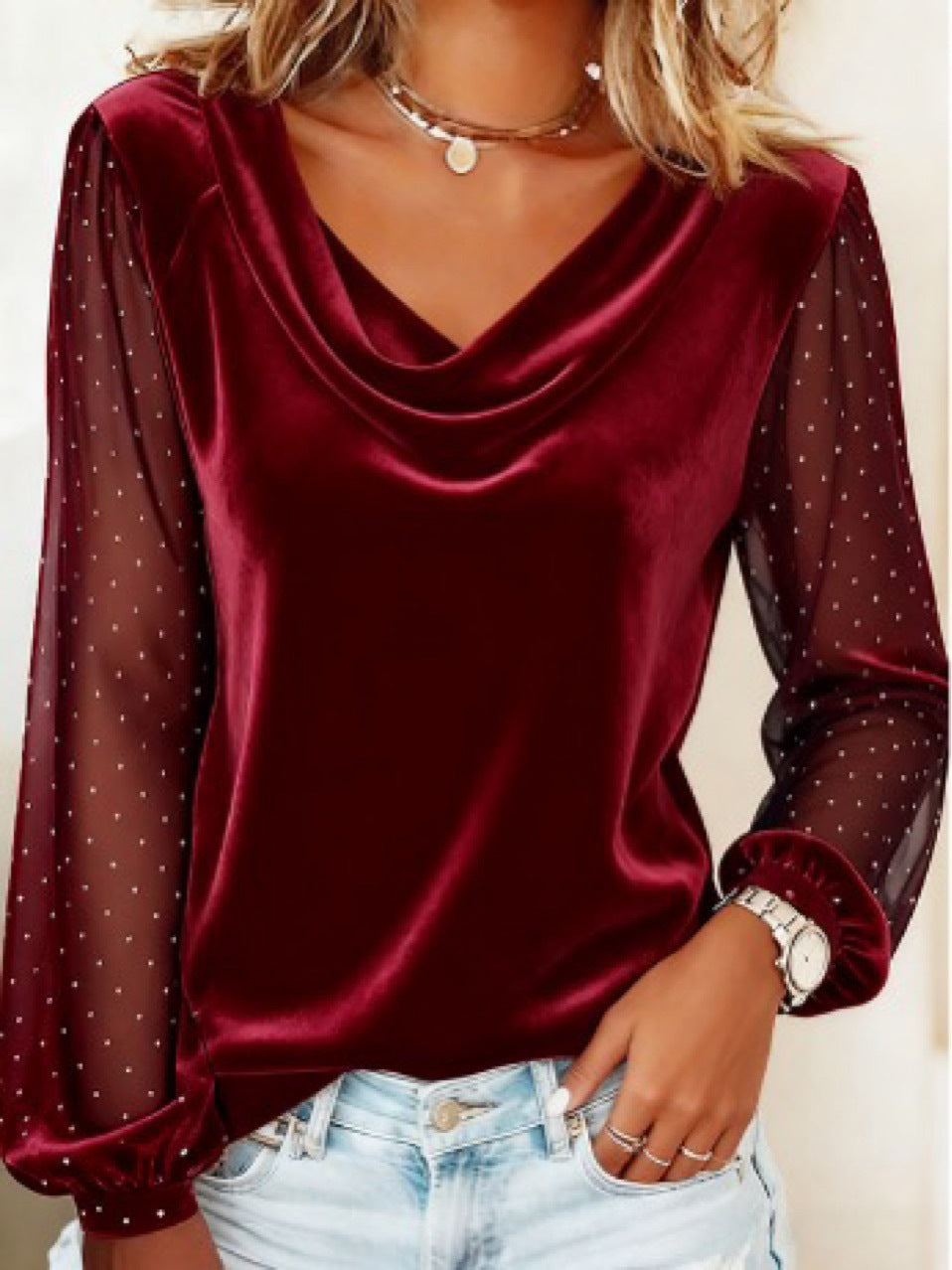 Women's Long Sleeve V-neck Velvet T-Shirt Women Elegant Diamond Mesh Sleeve Loose Tee Tops Christmas Clothes Women Shirt Red - cas7m