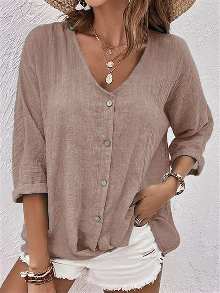 V-neck Long-sleeved T-shirt Fashion Solid Color Button Top Casual Loose Clothing For Women - cas7m