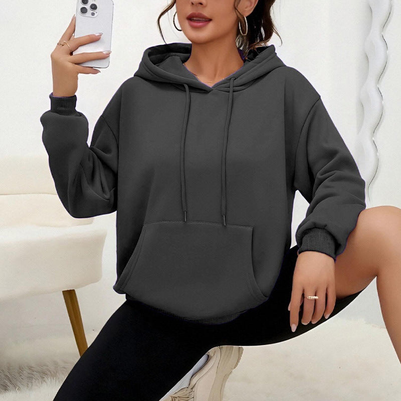 All-matching Loose Drawstring Pocket Sweatshirt Long Sleeve Women - cas7m