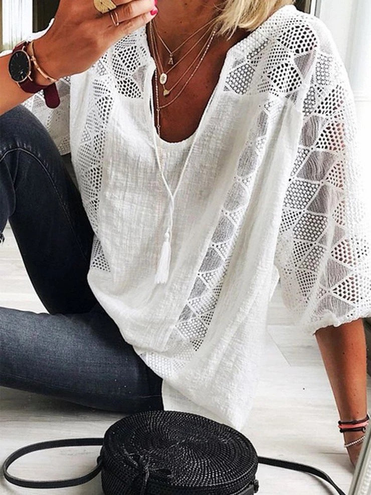 Lace Stitching U-neck 3 4 Sleeve T-shirt - cas7m