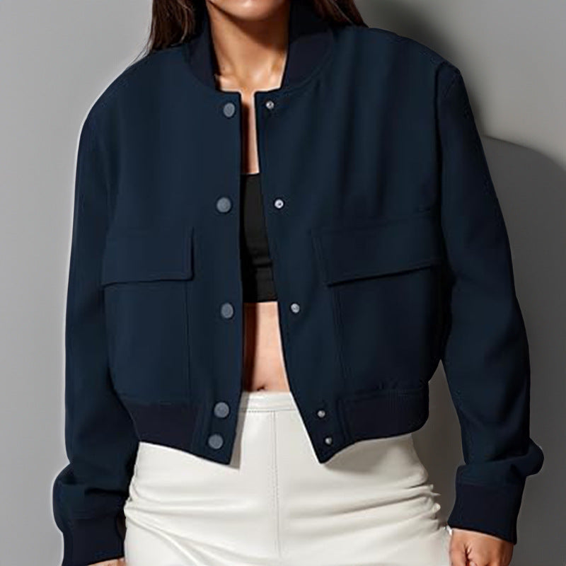 Fashion Button Stand-collar Jacket With Big Pockets Casual Loose Short Outwear Tops Coat For Women Clothing - cas7m
