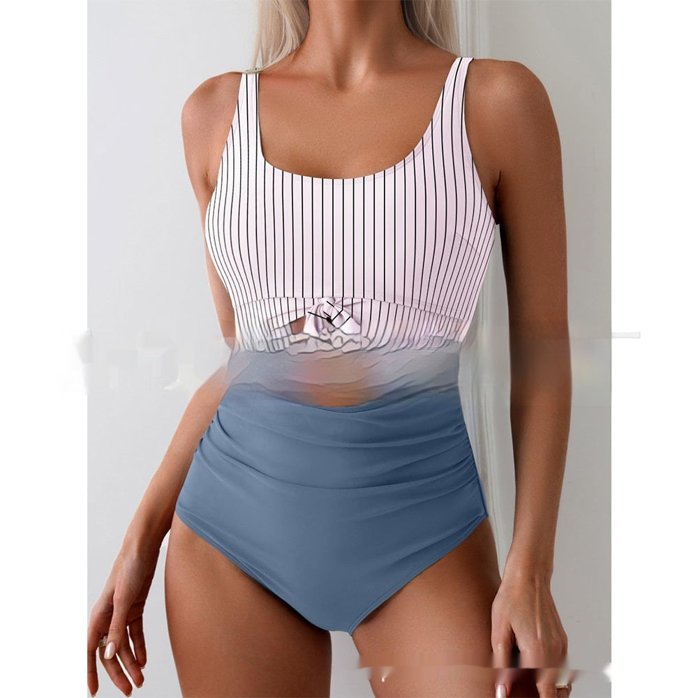 One-piece Female Stitching Contrast Color Strap Covered Belly Swimsuit - cas7m