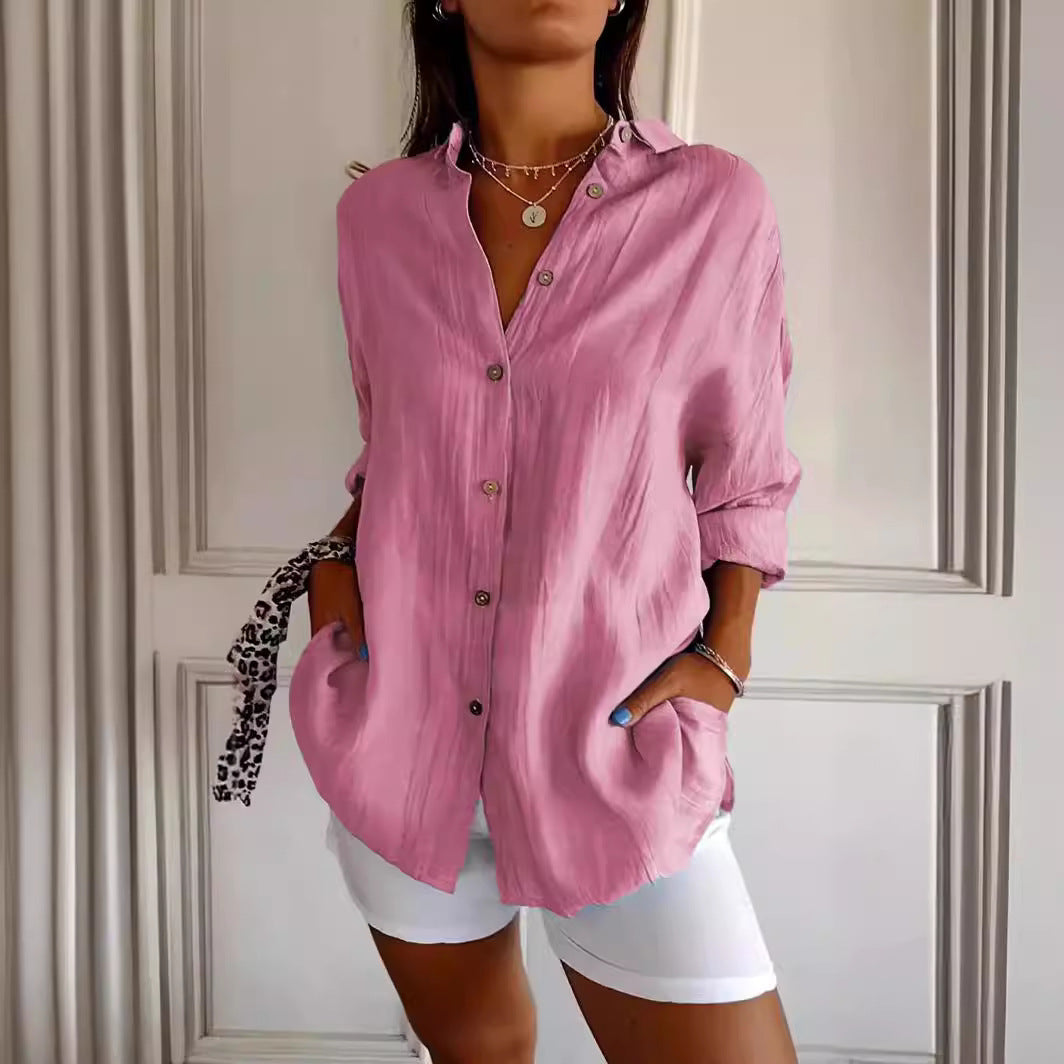 Lapel Long Sleeve Shirt Women's Single-breasted Pleated Shirt Tops Clothing - cas7m