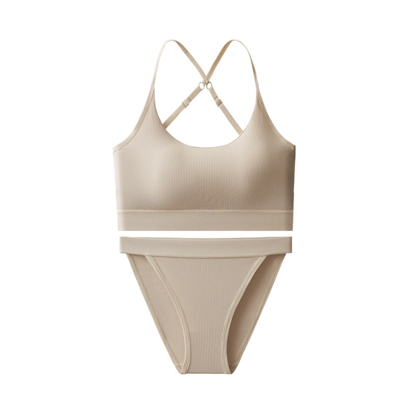 Ice Silk Seamless Bra Set Women's Sling Cross Beauty Back Yoga Underwear - cas7m
