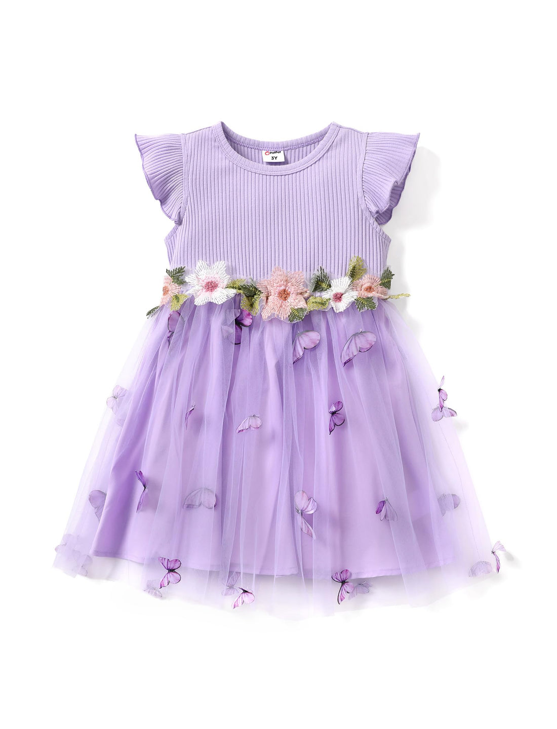 A toddler girl's lavender purple dress featuring a ribbed knit bodice with flutter sleeves, a floral waistband with pink and white flowers, and a layered tulle skirt decorated with purple butterfly appliqués.