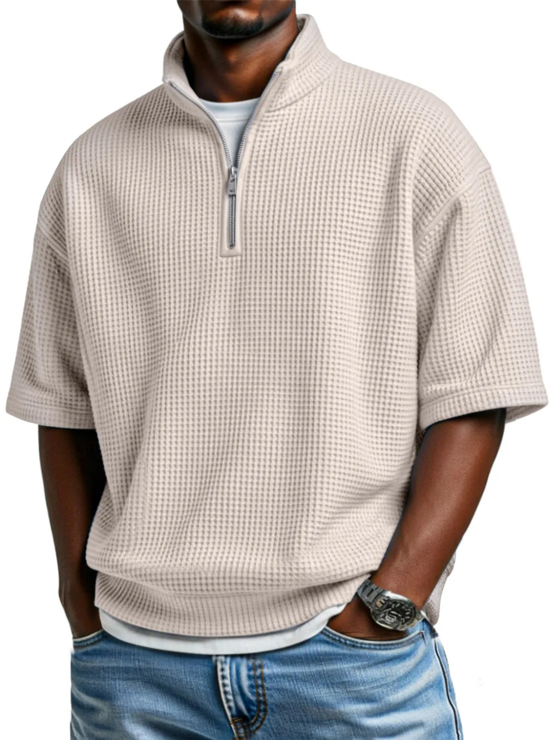 Waffle-knit Short-sleeve Polo Shirt For Men Loose-fitting Half-zip T-shirt - cas7m