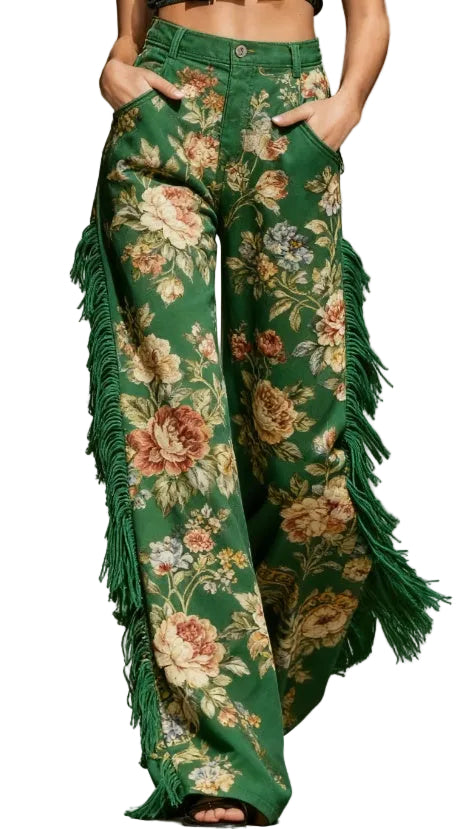 Retro Floral Print Fringed Wide-Leg Pants - cas7m