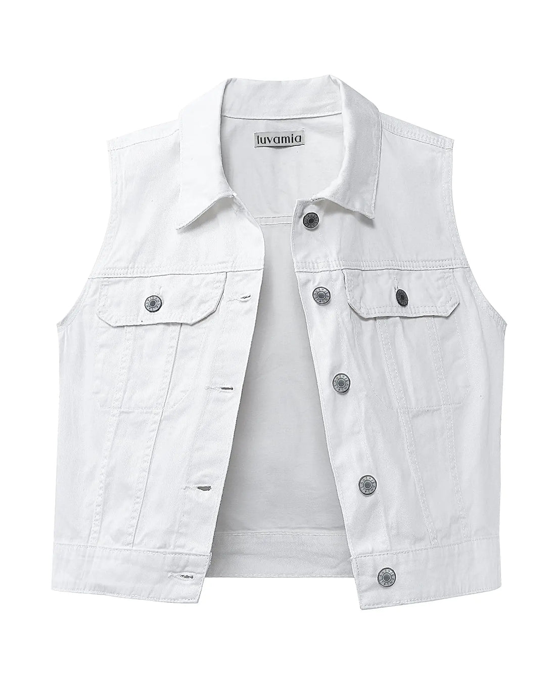 White denim vest with brand logo on a white background