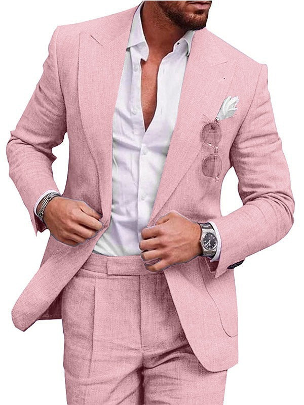 Men's Large Single Row One Button Solid Color Suit Two-piece Set - cas7m