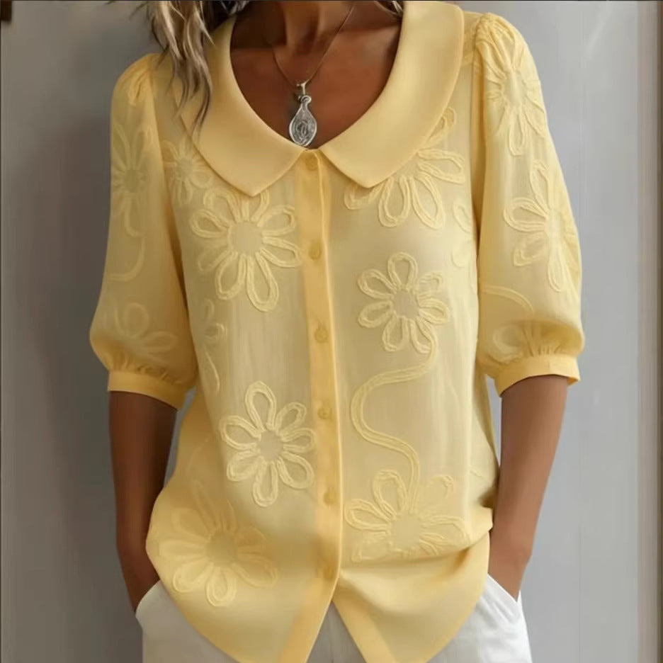 Loose-fit Retro Buttoned 3D Embroidered Floral Shirt - cas7m