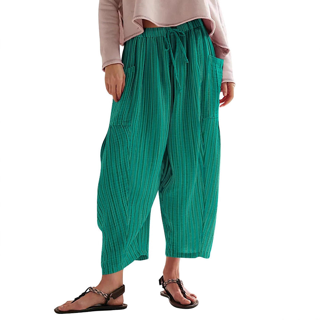 Striped Straight-leg Pants Elastic Waist Cropped Pleated Pants - cas7m