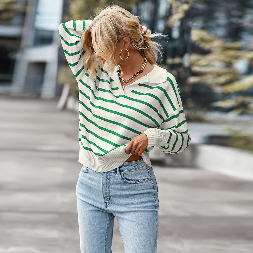 Women Striped Long Sleeve Pullover Sweater Casual Loose Polo V Neck Color Block Lightweight Knitted Fall Shirts Tops - cas7m