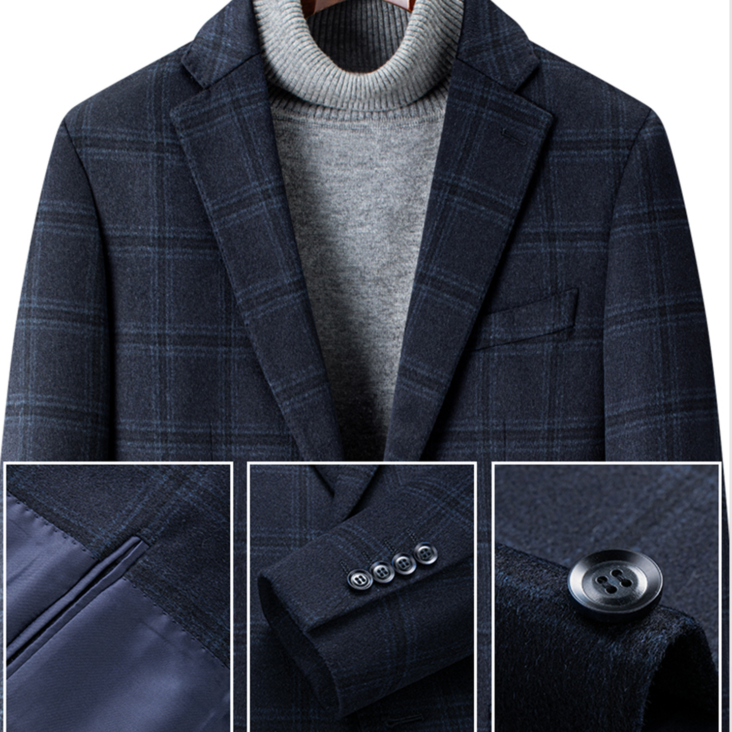 A men's dark navy plaid blazer shown on a torso mannequin or model, layered over a light gray turtleneck sweater. Three inset detail panels at the bottom show the jacket's pocket lining, cuff with buttons, and a close-up of a button.